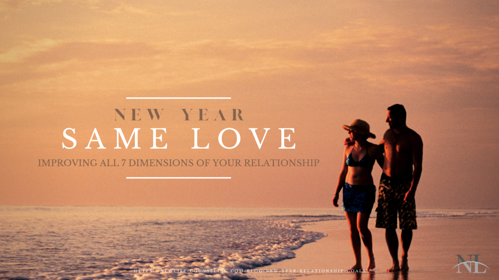 couple walking on the beach at sunset with the words "New Year Same Love"