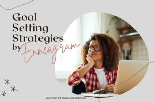 blog graphic: grey background, circle image of woman sitting in front of her laptop with her chin in her hands- looking to her right with a small smile. Title words: goal setting strategies by Enneagram