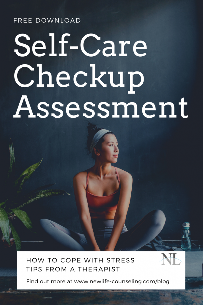 woman in orange tanktop, grey leggings, dark hair in ponytail sitting in butterfly on a yoga mat next to a large fern and looking to her left. Title Free Self-care checkup assessment and Coping with stress