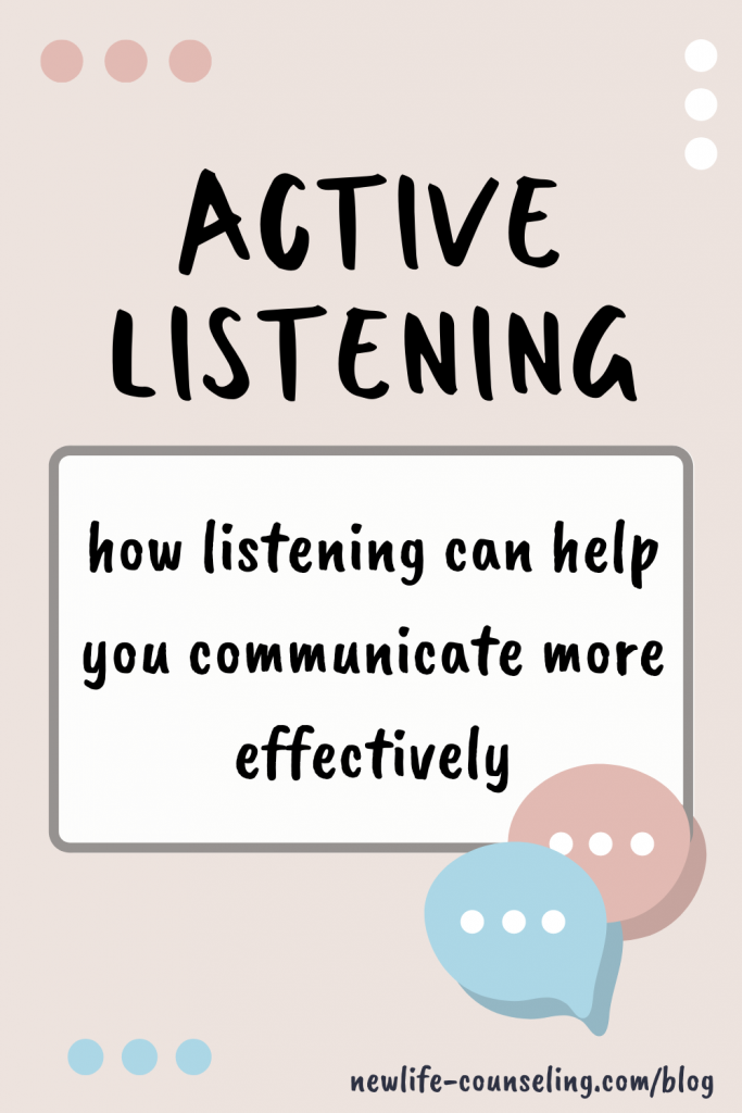 A rectangle with words in the center that read, Active Listening, how listening can help you communicate more effectively. Two comment speech bubbles in the bottom corner.