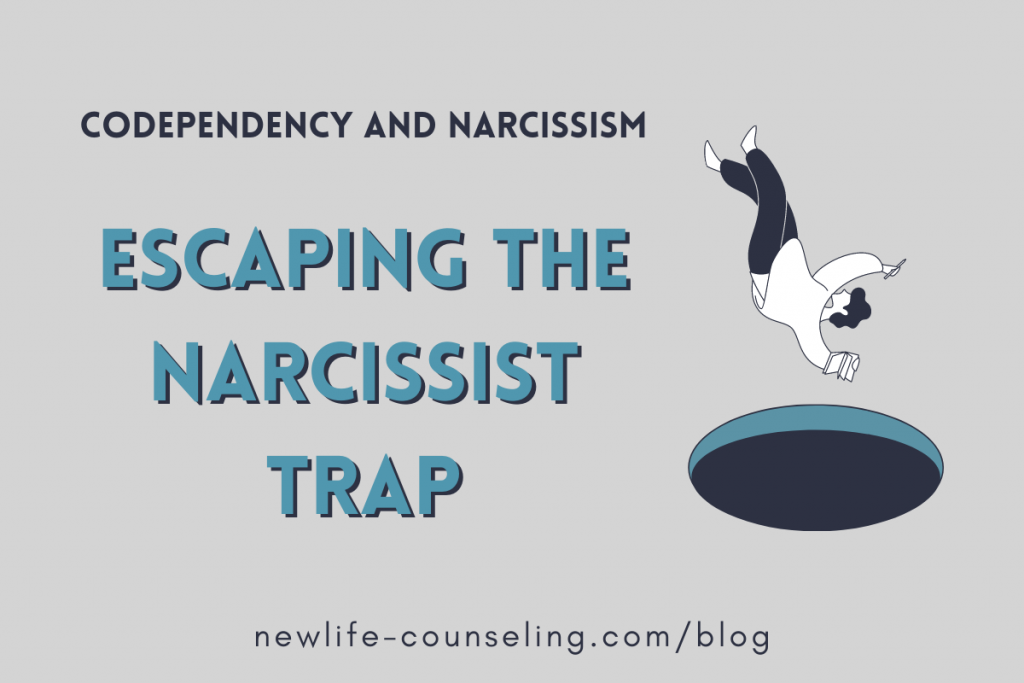 graphic of a person falling in a hole. Text on the left that reads Codependency and Narcissism, Escaping the Narcissist Trap 
