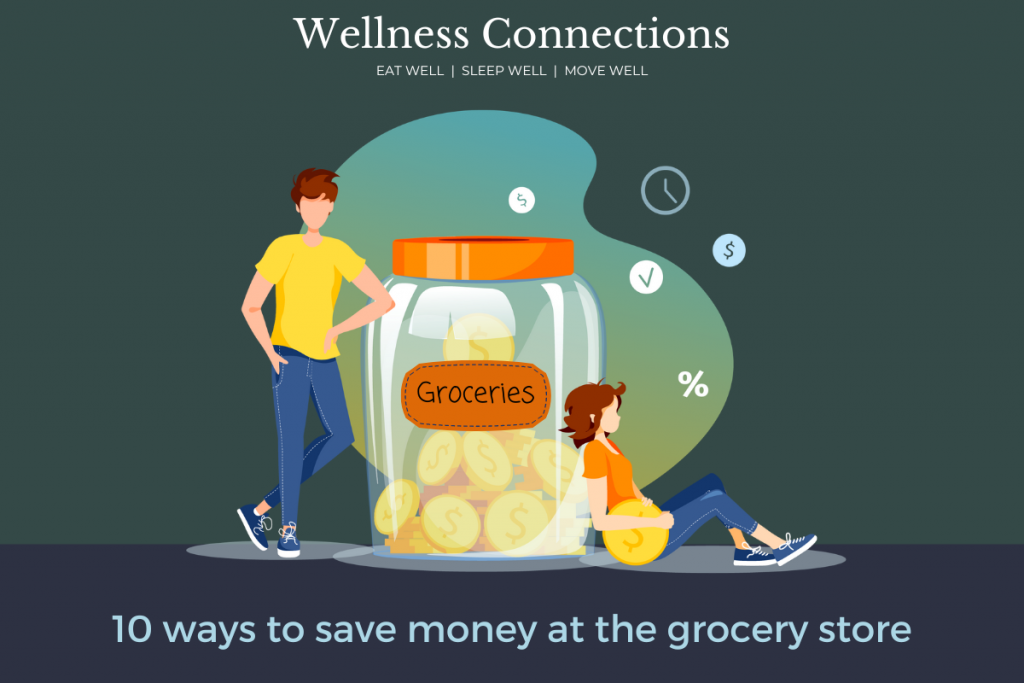 Blue and green background with text "10 ways to save money at the grocery store". Image of couple leaning against a giant jar of gold coins. The jar is labeled "groceries". Title above jar " Wellness Connections".