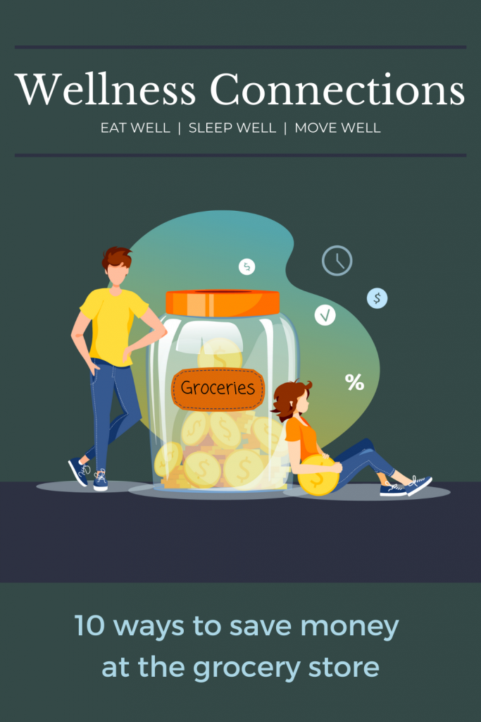 Blue and green background with text "10 ways to save money at the grocery store". Image of couple leaning against a giant jar of gold coins. The jar is labeled "groceries". Title above jar " Wellness Connections".