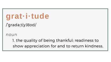 grey box with phonetic pronunciation and dictionary definition of gratitude.