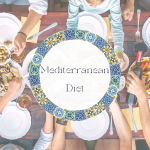 Above view of a family sharing a meal at a dinner table with the words "mediterranean diet" over it.