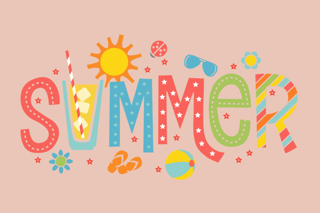 The word "SUMMER" in fun, colorful letters with the U as an illustration of a cup of lemonade, and summer activities surrounding the word, including sunglasses, a beach ball, flowers, flipflops, and a ladybug. 