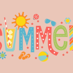 The word "SUMMER" in fun, colorful letters with the U as an illustration of a cup of lemonade, and summer activities surrounding the word, including sunglasses, a beach ball, flowers, flipflops, and a ladybug.
