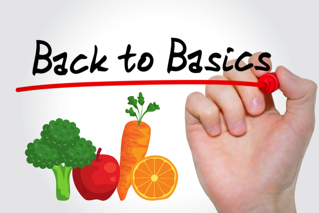 Hand writing "Back to Basics" with an image of animated broccoli, an apple, carrot, and a slice of orange.