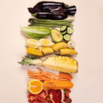 Healthy food arranged in a rectangle with the words reading "nutrition & mental health"