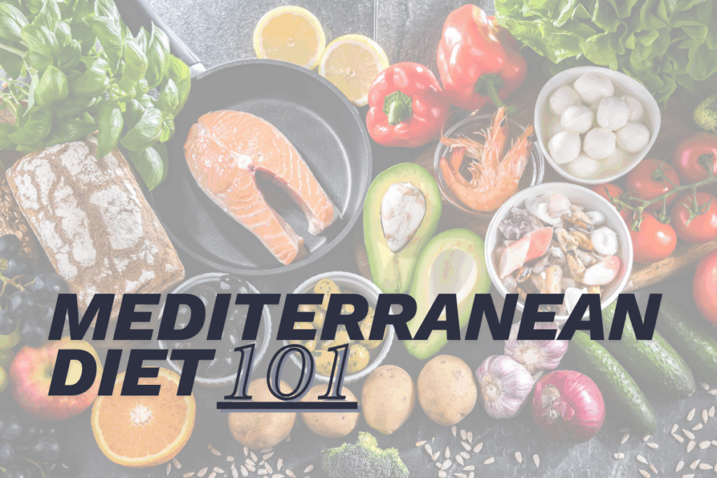 Image of Mediterranean foods ranging from fish, avocados, and other high mineral, fat, and protein foods with the title "Mediterranean Diet 101" overtop.