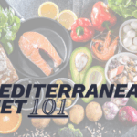 Image of Mediterranean foods ranging from fish, avocados, and other high mineral, fat, and protein foods with the title "Mediterranean Diet 101" overtop.