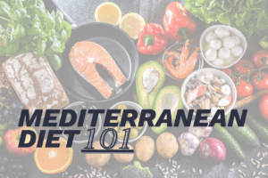 Image of Mediterranean foods ranging from fish, avocados, and other high mineral, fat, and protein foods with the title "Mediterranean Diet 101" overtop.