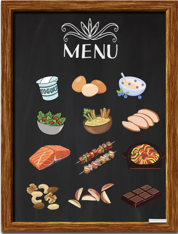 Illustration of a chalkboard with the word "MENU" at the top, and images of medi foods throughout to represent the daily menu of a mediterranean diet.