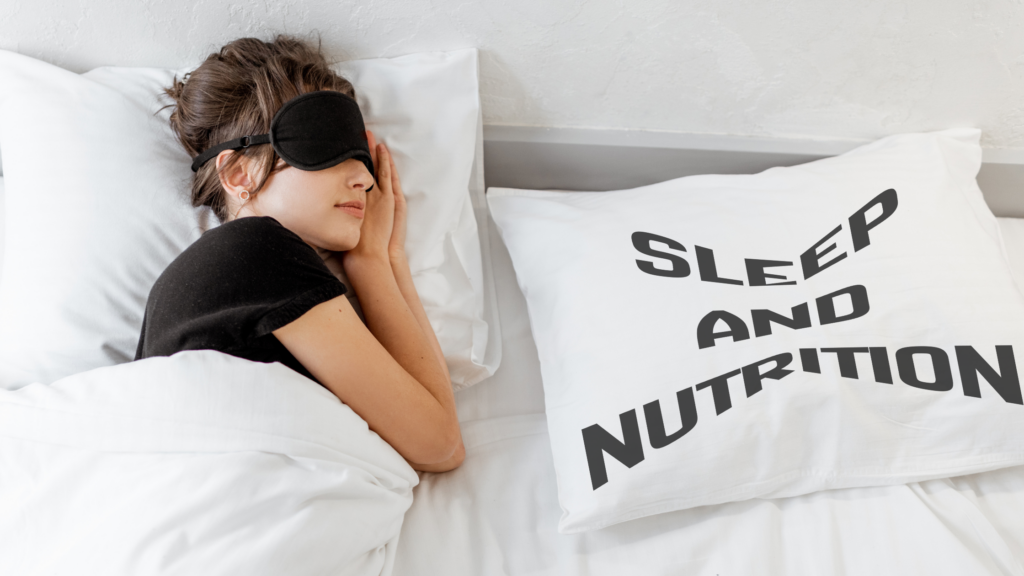 Woman sleeping in a bed next to a pillow that reads, "sleep and nutrition".