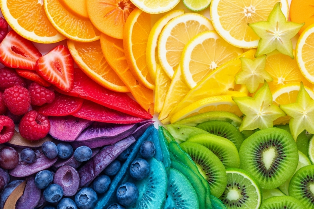 Rainbow of colorful fruits to intro into the topic of Kids Nutrition. 