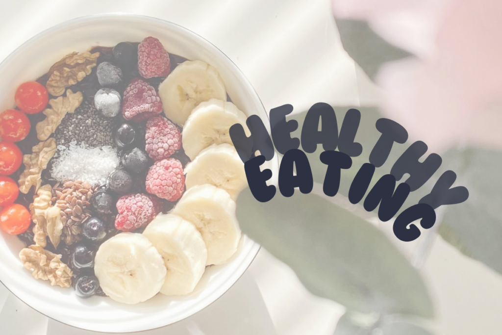 Bowl of yogurt parfait with the words "Healthy Eating".