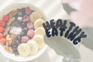 Bowl of yogurt parfait with the words "Healthy Eating".