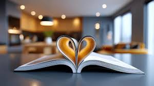 A book opened on a table with the pages folded in the shape of a heart. 